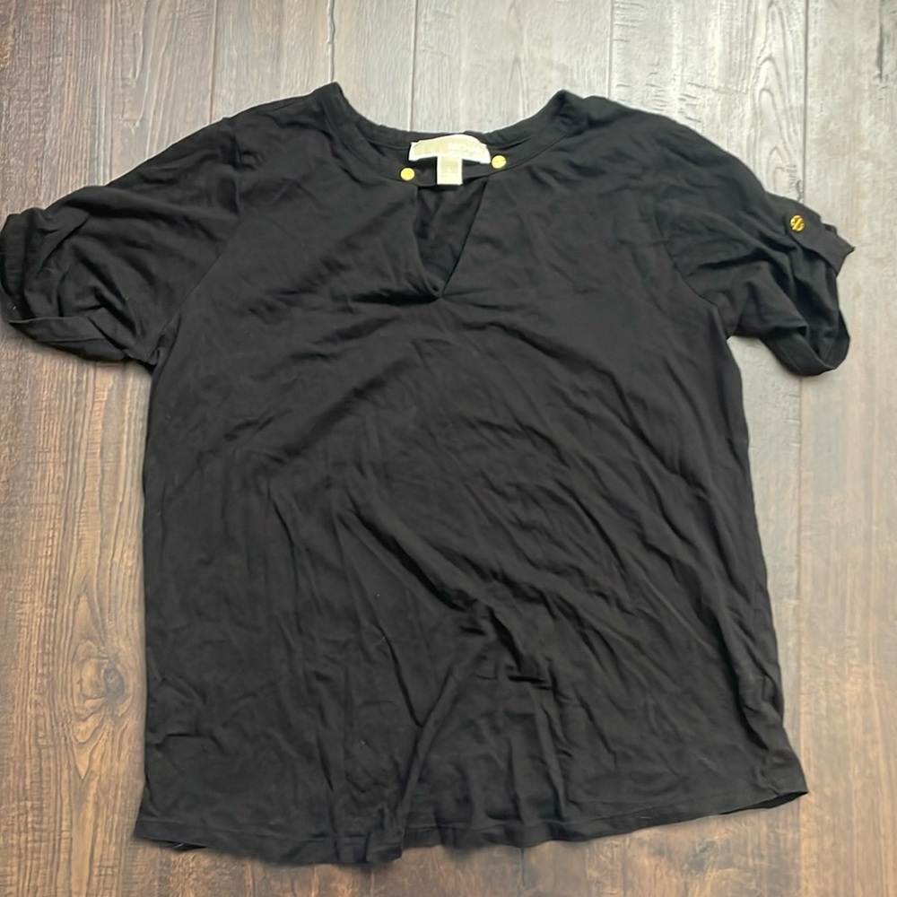 Womens MICHAEL KORS Top Size MEDIUM Black Gold L Shirt Blouse MK c30